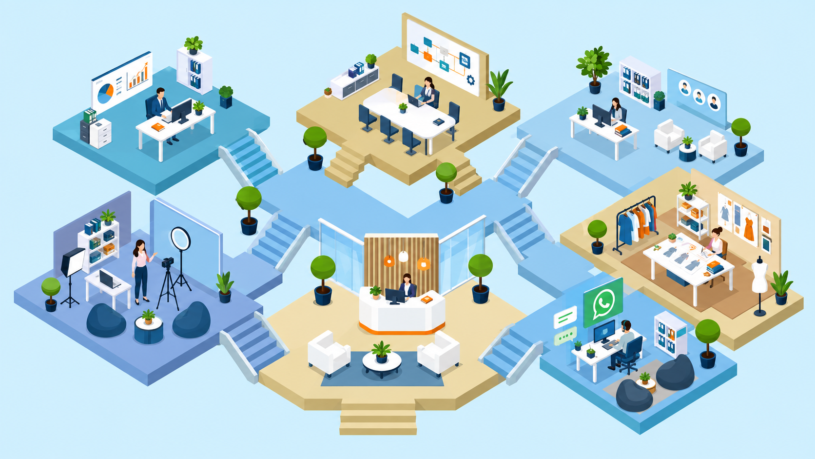 A light blue isometric VRVE virtual office campus with connected finance, operations, HR, live, design, communications and reception workspaces.