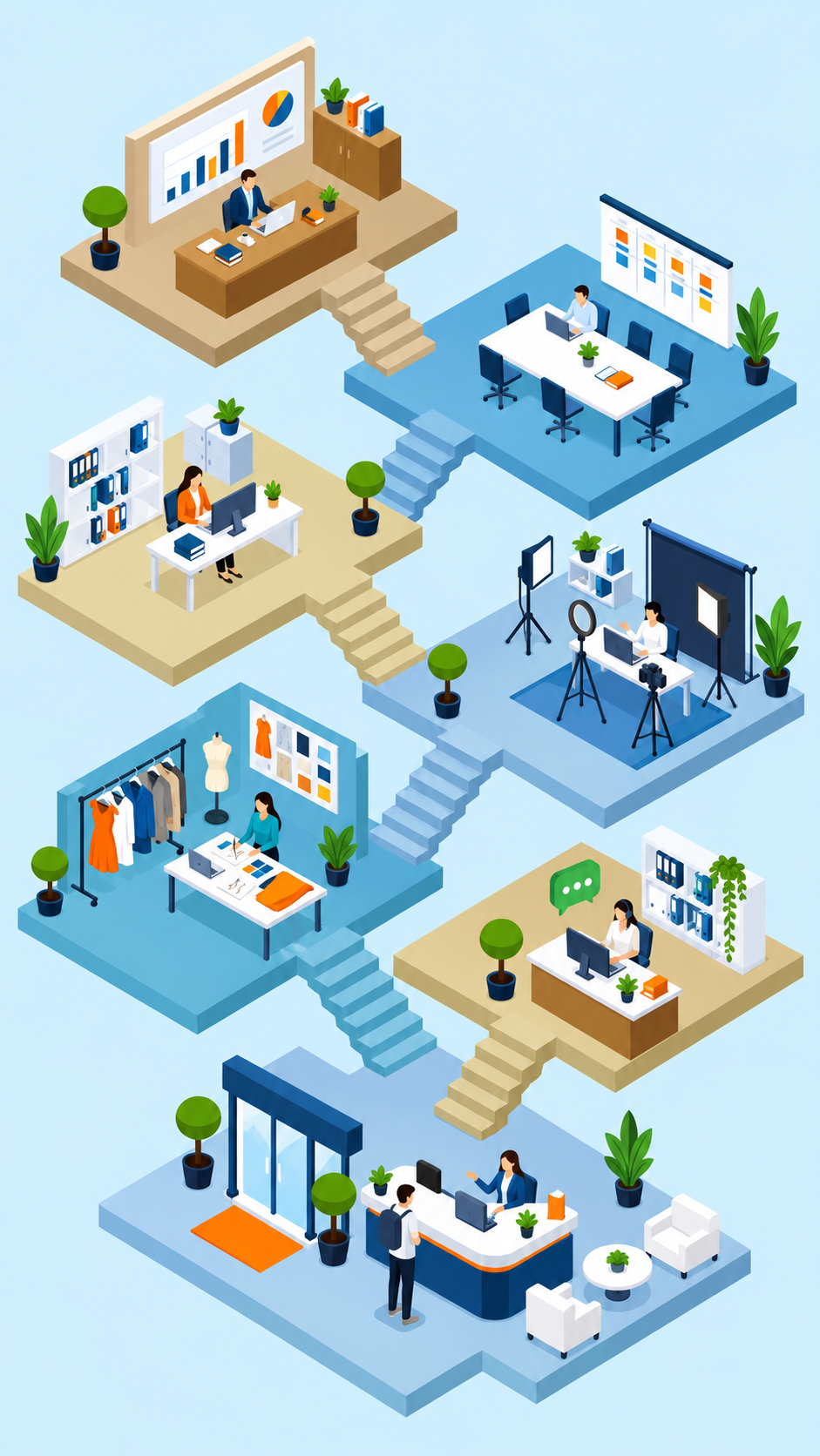 A mobile isometric VRVE virtual office with vertically connected workspaces.